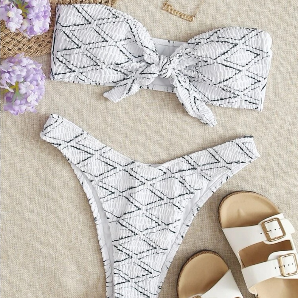 Geo print smocked bandeau swim set